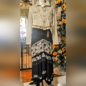 Established 1946 Denim Gypsy Style Flow Skirt And Merona Jacket With Tassel Trim